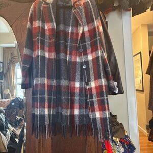 Tahari Red and Gray Plaid Trench Coat